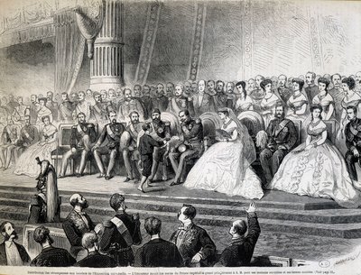 Utdelning av priser till pristagarna av världsutställningen - Kejsaren får av sin son, den kejserliga prinsen, Grand Prix för sina arbetarhus och modellgårdar av Unknown artist