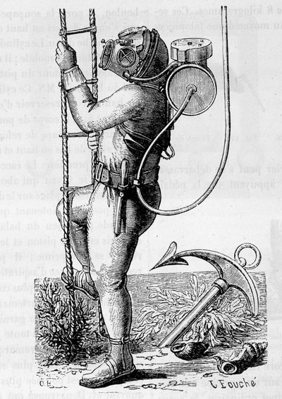 Dykare belagd med gummikläder och regulatortank - i "" The wonders of science", av Louis Figuier av Unknown artist