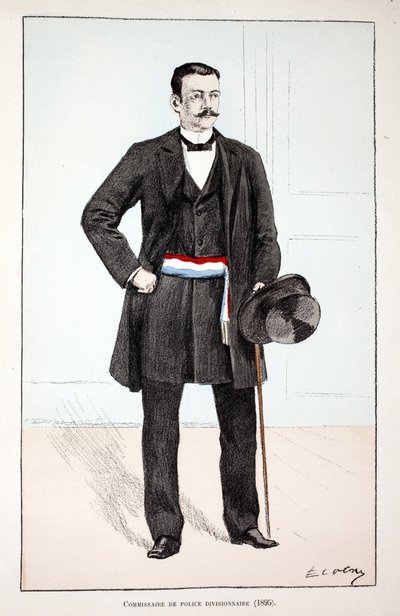 avdelningspolischef (1896). Etsning i färger, för illustration "" History of the Corps of Peacekeepers""" bok publicerad under beskydd av Louis Lepine (1846-1933), prefekt för polisen på Seine, av Alfred Rey (1864-?) och Louis Iron av Unknown artist