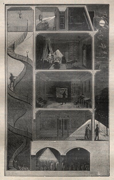 Hushållselektricitet: Tvärsnitt av en byggnad utrustad med elektricitet - Gravyr från "La Science francaise"" av Unknown artist