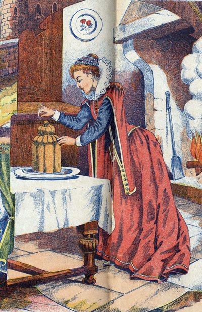Åsneskinn tappar sin ring i kakan. Anonym illustration till berättelsen "" Åsneskinn" av Charles Perrault (1628-1703), fransk författare. Bildmaterial Marcel Vagne, Jarville Nancy, odaterat (slutet av 1800-talet). av Unknown artist