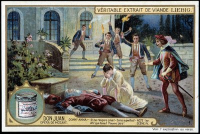 Donna Anna upptäcker sin döda far - "" Han andas inte längre! Överflödig vård! Vad ska man göra? Stackars pappa! - Akt I, scen 4 av Don Juan (Don Giovanni), opera av Mozart (1756-1791) - Liebig-kromolitografi av Unknown artist