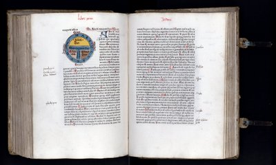 Dubbelsida med den schematiska kartan över världen på T-O (TO) modellen, tre kontinenter är representerade (Asien, Afrika och Europa). Manuskript "" Ethymologies"" (Etymologiae) av Isidorus (Isidore av sevilla) (560/570-636) 1100-talet. 1472 av Unknown artist