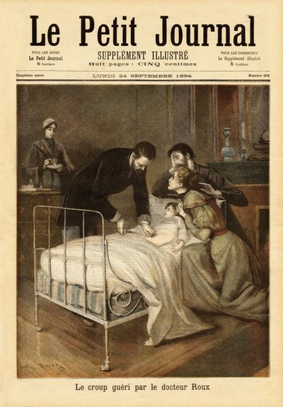 Dr. Emile Roux (1853-1933), en bakteriolog, samarbetspartner till Louis Pasteur (1822-1895), som utvecklade vaccinet mot krupp (komplikation av mässling hos barn). Gravyr i "" Le petit journal"" 1894-09-24. Selvas samling. av Unknown artist