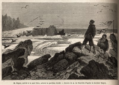 Dr Hayes, anländer till det fria havet av den arktiska polen, syftet med sin expedition, planterar den amerikanska stjärnbanern. Gravyr för att illustrera resan till den arktiska polens fria hav, av doktor Hayes, kirurg vid den amerikanska flottan, 1860-18 av Unknown artist