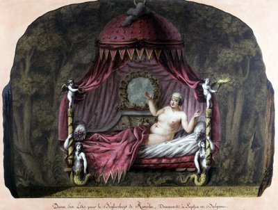 Ritning av en säng för bey di Roumelie, bosatt i Sophia, Bulgarien. En naken kvinna bjuder in henne att gå med henne. J. J. Lepreu. av Unknown artist