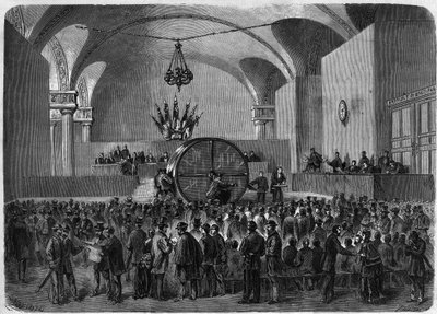 Lottdragning för obligationer som ska återbetalas tillhörande de två lån som Paris stad upptog 1855 och 1866. Hotel de Ville de Paris, 2 februari av Unknown artist