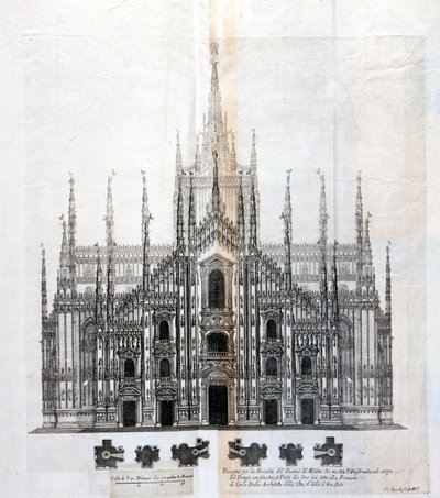 Ritning av fasaden på Duomo i Milano som visar dess enhetlighet med byggnadens kropp. Många arkitektoniska projekt ritades runt 1600-talet för att fullborda fasaden som hade förblivit ofullbordad. av Unknown artist