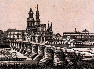 Dresden, Tyskland: utsikt över Augustus-bron i Dresden. i "" Världen illustrerar 168 vyer"" Odaterat (slutet av 1800-talet) av Unknown artist