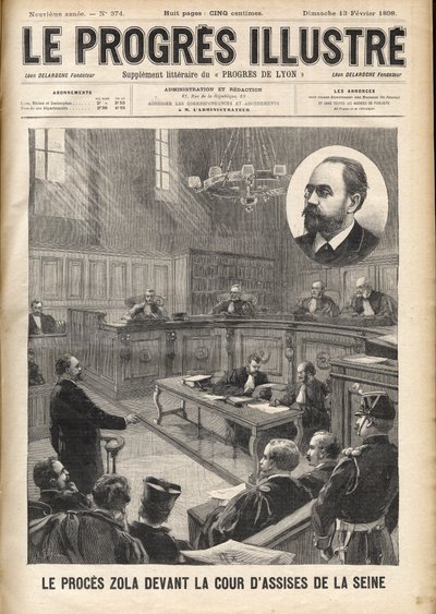 Dreyfusmål: Emile Zola (1840-1902) vid notdomstolen för rättegången mot Alfred Dreyfus av Unknown artist
