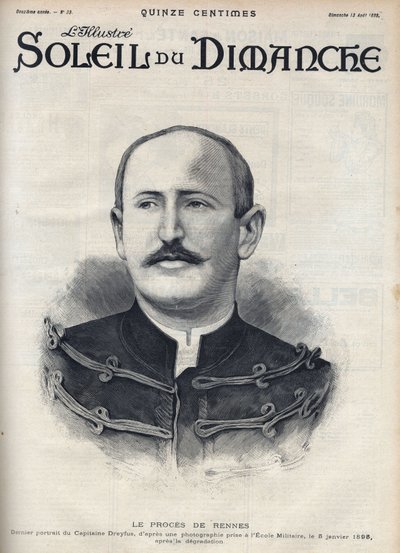 Fallet Dreyfus: porträtt av Alfred Dreyfus (1859-1935) efter hans degradering under Rennesrättegången. Gravyr i "" Le sun-du-dimanche"", 13 augusti av Unknown artist