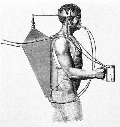 Driebergs scaphandre-projekt från 1802, känt som tritonen. Luften kommer rakt in i mannens mun. av Unknown artist