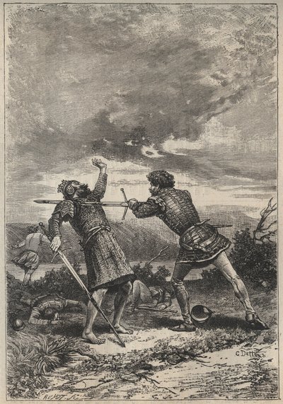 Duel and death of Oak Torquil - 1800-talsillustration för den historiska romanen "The Pretty Girl of Perth or Valentine