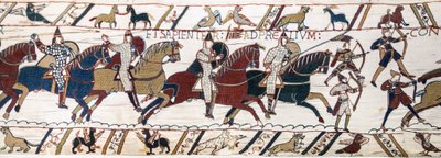 Hertig William uppmuntrar sina trupper att förbereda sig för striden mot den engelska armén, Bayeux Tapestry (ullbroderi på linne) av Unknown artist