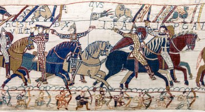 Hertig William visar ansikte mot sin armé, Bayeux Tapestry (ullbroderi på linne) av Unknown artist