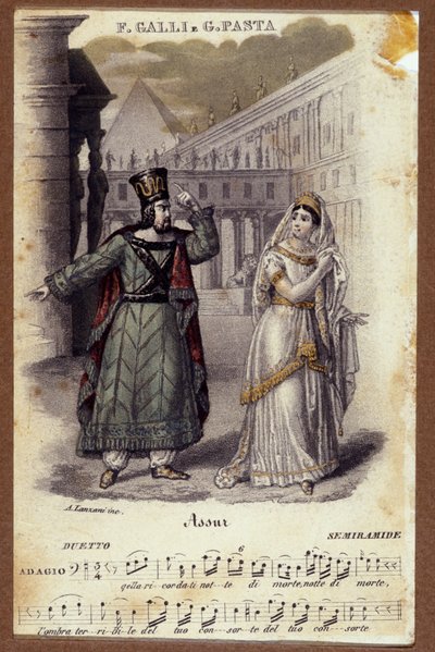 Duo mellan Giuditta Pasta och Filippo Galli i operan "Semiramide" "(Semiramis) av Gioachino Rossini (1792-1868) av Unknown artist