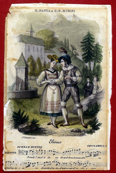 Duo mellan Giuditta Pasta och Gian Battista Rubini i operan "La somnambule" "("La Sonnambula") av Vincenzo Bellini. Teatern Carcano i Milano. 1831. av Unknown artist