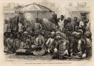 Durbar (feodalt och juridiskt råd i en furstlig stat) i Maharaja Rana, i kungariket Dholepore (Rajasthan). Engravure pour illustrrer l