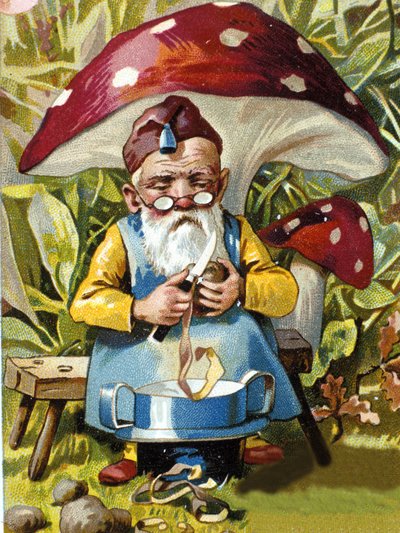 Dvärg eller farfadet potatisskalare. 1800-talets kromolitografi. av Unknown artist