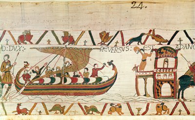 Earl Harold återvänder till England, Bayeux Tapestry (ullbroderi på linne) av Unknown artist