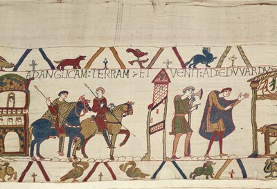 Earl Harold rider från Bosham till London, Bayeux Tapestry (ullbroderi på linne) av Unknown artist