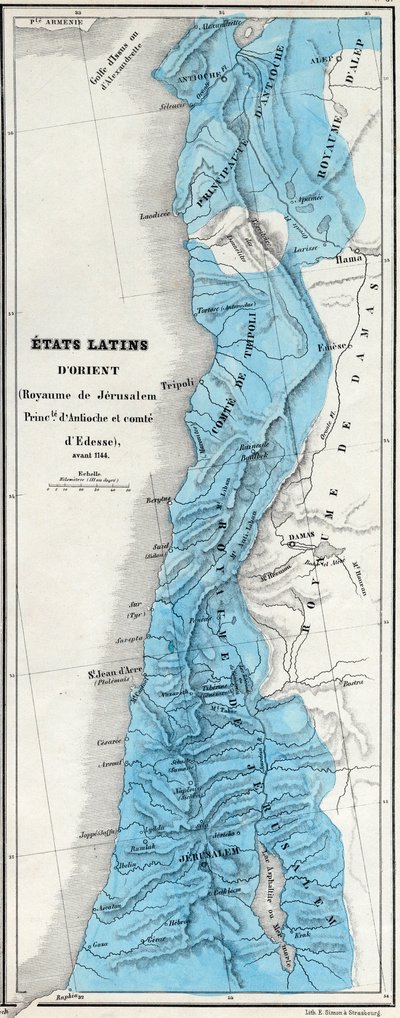 Östra Latinska staterna före 1144 - Kungariket Jerusalem - Principaut av Antiochia - Greve av Edessa - Karta utarbetad av M J-H Schnitzler, Historisk och pittoresk atlas 1858 av Unknown artist
