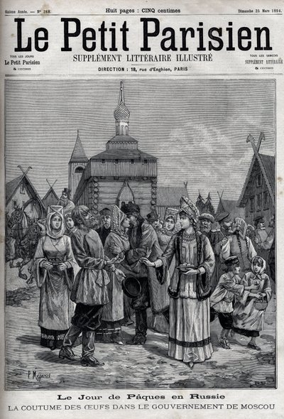 Påskdagen i Ryssland: seden med ägg i Moskva-regeringen. Hängslen från invånarna som erbjuder röda ägg för att fira Kristi uppståndelse. Gravyr i "" Le Parisien"" av Unknown artist