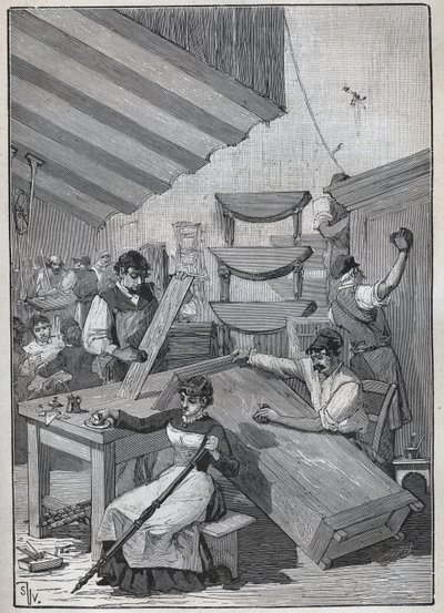 Ebenisterie: stämpellackeringsverkstad. Gravyr från 1885 i "" Les arts et metiers illustres"" av Adolphe BITARD. av Unknown artist