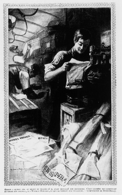 Edison, 15, mitt i bilen där han brukade installera sitt tryckeri. Han skrev och tryckte sin tidning, Weekly Herald, och sålde den till resenärer. av Unknown artist
