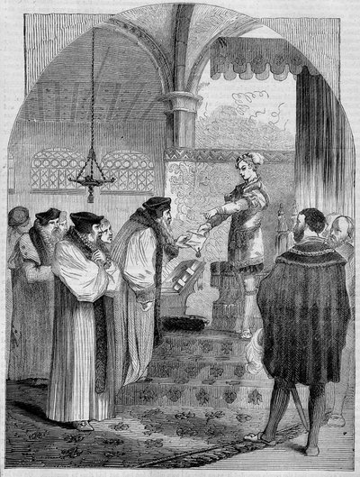 Edward VI (1547 -1553), kung av England, överlämnar Joan Bochers certifikat för ärkebiskop Cranmer av Unknown artist
