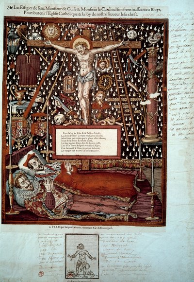 Bildningar av Henrik I av Lorraine, 3:e hertig av Guise (1550-1588) och av hans bror Ludvig II av Guise, kardinal av Lorraine (1555-1588) mördade i Blois den 23 och 24 december 1588 på order av Henrik III. 1500-talets Paris, B.N. av Unknown artist