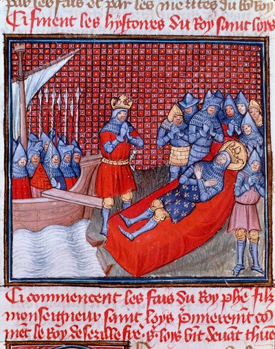 Åttonde korståget: "" Saint Louis död i Tunis den 25 augusti 1270"" Miniatyr hämtad från "" Les grandes Chronicles de France"" av Jean Froissart (1337-1400) Chantilly från 1400-talet, Musee Conde av Unknown artist