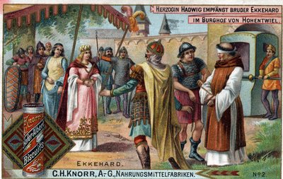 Ekkehard IV av St. Gallen (St. Gallen) eller Eckhard, Eckhart (980 -1057) ärdit och latinsk poet. Hertiginnan Hadwig tar emot broder Ekkehard på borggården till slottet Hohentwiel. Verso: "" Broder Ekkehard, som hertiginnan gav i uppdrag till sitt slott so av Unknown artist