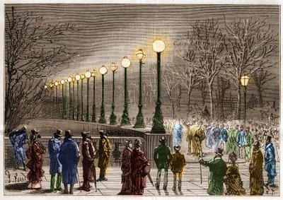 Elbelysning: golvlampor från Victoria quay i London, Storbritannien. Gravyr i "" La Nature"" av Unknown artist
