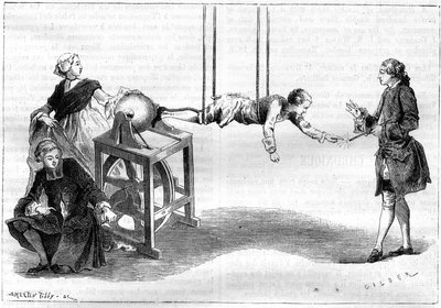 Elektrisk erfarenhet på 1700-talet: en ung abbe roterar en elektrisk maskin bildad av en svavelsfär. En kvinna trycker sin hand på sfären och genom friktion utvecklas en vätska. En ung man hängd i rep får gnistan att springa i slutet av hans av Unknown artist