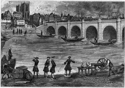 Elektricitetsexperiment utfört av William Watson (1715-1787), engelsk fysiker, på Themsens strand på 1700-talet. Gravyr i "" La Nature: revue des sciences et de leurs applications aux arts et a l