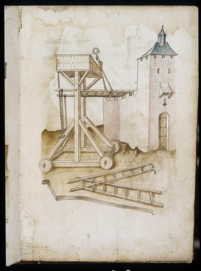 Höjdsystem och skalor - Manuskript: pergamentark av en ingenjörsmanual för konstruktion av civila, religiösa och militära byggnader, anonym, sent 1400-tal (figur med kinesiskt bläck) av Unknown artist