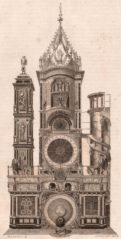 Höjdvy av den astronomiska klockan som ligger i katedralen Our Lady of Strasbourg, Frankrike av Unknown
