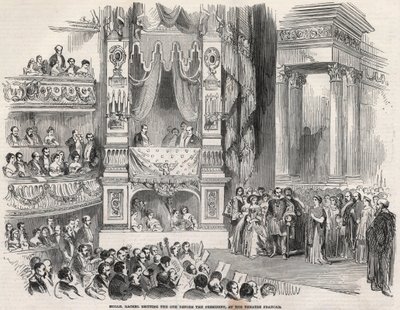 Elisabeth Rachel Felix, känd som Mademoiselle Rachel (1821-1858), fransk tragedienne, före Napoleon III på Theatre Francais 1852 - På tröskeln före tillkännagivandet av det andra imperiet förklarade Rachel vid Theatre Francais den 22 oktober 1852 av Unknown artist