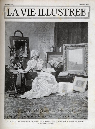 Elisabeth av Wied Drottning gemål av Rumänien 1843-1916 - Elisabeth de Wied - Elisabeth Pauline Ottilie Louise de Wied (känd som Carmen Sylvas penna), på hennes kontor i Castel Pelesch - omslag illustrerad från 1900 av Unknown artist