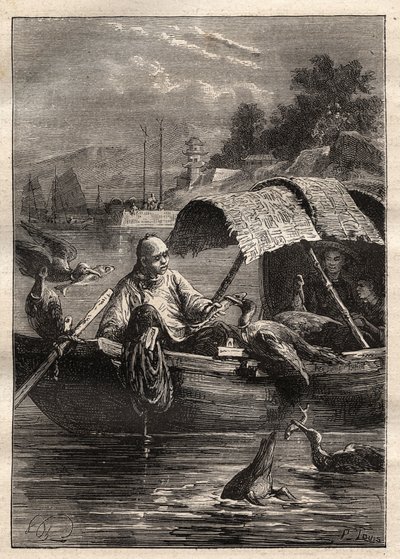 Lord George McCartneys ambassad (1737-1806) i Kina (1792-1793): Fågeln Leut-ze, står för fiske (skarvfiske) - illustration från "The Great Mariners of the 18th century" av Unknown artist
