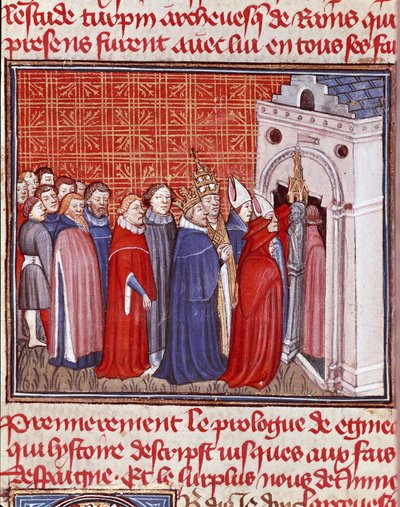 Kejsar Karl den Stores (742-814) kronor går in i en kyrka följt av miniatyrprelat från "" Les grandes Chronicles de France"" Chantilly från 1400-talet, Musee Conde av Unknown artist