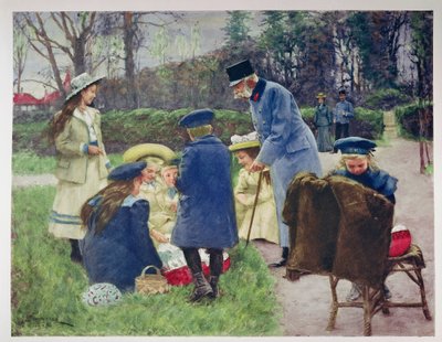 Kejsar Franz Joseph tittar på sitt barnbarn i parken vid sin villa i Ischl, Oberösterreich av Unknown artist