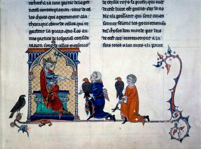 Kejsar Fredrik II (1194-1250) tar emot falkonerare i miniatyr från "Konsten att jaga med fåglar" av Unknown artist