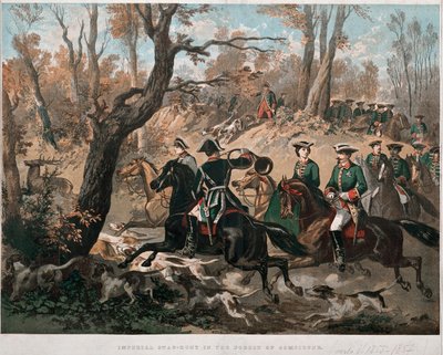 Kejsar Napoleon III (1808-1873) och hans hustru Eugenia de Montijo (1826-1920) vandrar genom skogen Compiegne Litografi i färg runt 1855 Milan Museo del Risorgimento av Unknown artist