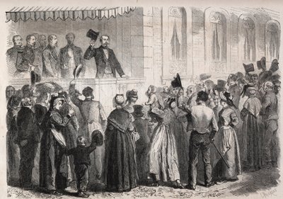Kejsar Napoleon III (1808-1873) på terrassen till villan Strauss a Vichy, hälsad av folket på landsbygden söndagen den 7 juli 1861 - Gravyr i "" Den illustrerade världen" av Unknown artist