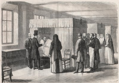 Kejsar Napoleon III (1808-1873) besöker rummen på Hotel Dieu (Hotel-Dieu) för kolerapatienter och pratar med dem - Gravyr i "" Den illustrerade världen"" av Unknown artist