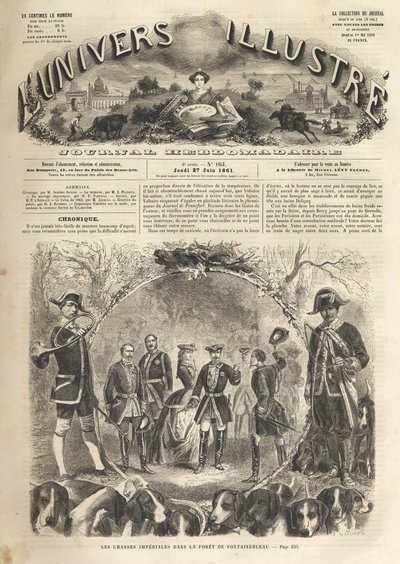 Kejsar Napoleon III på jakt i Fontainebleau - 1861 - Imperialjakt i Fontainebleau i närvaro av Napoleon III (1808-1873) och Imperatrice Eugenie (1826-1920). Det lysande universum 1861 - av Unknown artist