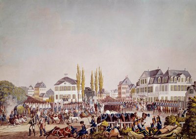 Kejsar Napoleon I (1769-1821) granskar trupperna i Frankfurt. Gravyr från 1813. Frankfurt, Historiskt museum av Unknown artist