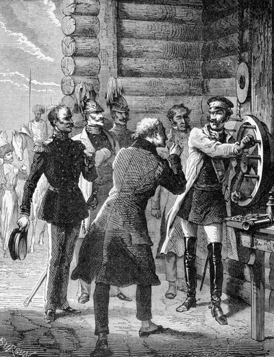Kejsar Nicholas I utförde det första testet av telegraflinjen från St. Petersburg till Warszawa 1838. Gravyr 1800-talet av Unknown artist